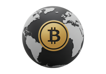 Isolated 3D Earth Globe with Golden Bitcoin Coin in Center, Representing Global Cryptocurrency and Digital Finance