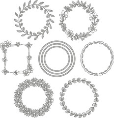 Floral Frames Set with Leaves,Flowers and Circle Frames on White Background