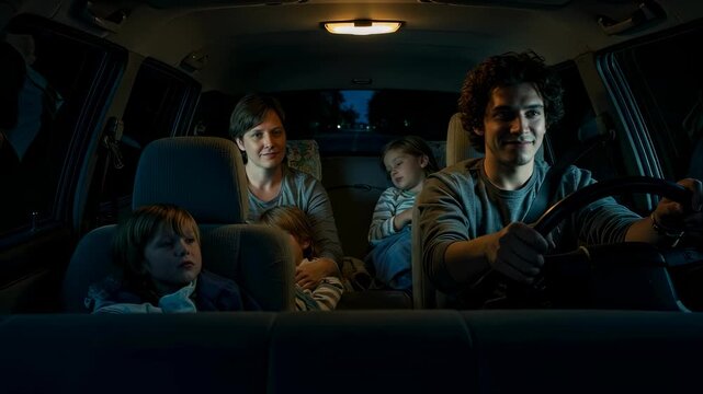 Family traveling in a car at night, a man driving while a woman and children sleep or look on, journey footage.