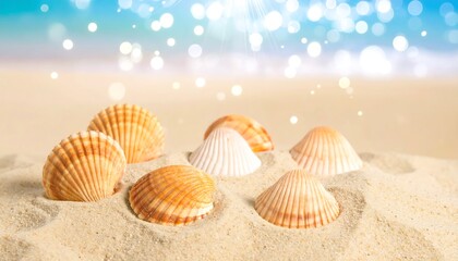 Seashells on sandy beach with blurred background of ocean and lights