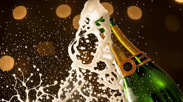 Champagne bottle popping open with foam explosion. Celebration of New Year, Christmas, holiday merriment. Party event footage.