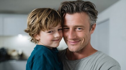 Fototapeta premium Man and a boy are standing together in a kitchen. The boy is wearing a blue shirt and the man is smiling