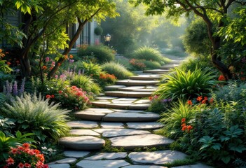 Naklejka premium Winding stone pathway through a vibrant garden.