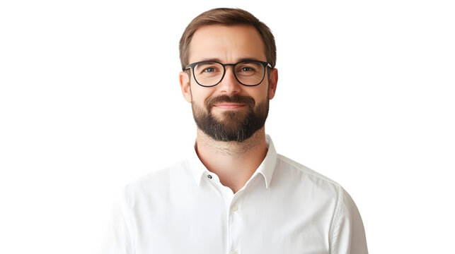Confident smiling man with beard and glasses, professional portrait for business and lifestyle isolated on white background