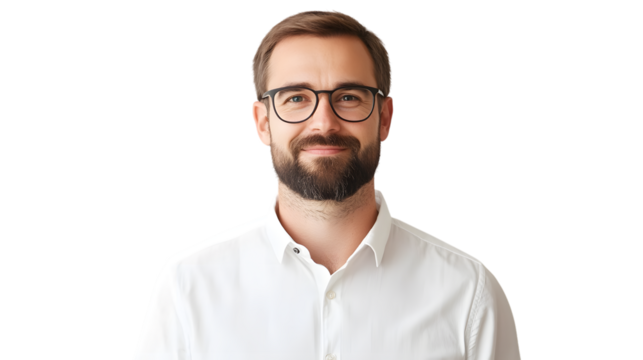 Confident smiling man with beard and glasses, professional portrait for business and lifestyle isolated on white background