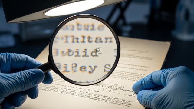 Forensic Analysis: Gloved Hands Examine Document with Magnifying Glass Under Bright Light