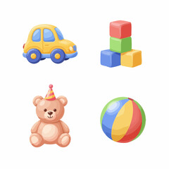 Obraz premium Vector Children Toy SVG Illustration Set with Playful Car Blocks Teddy Bear and Beach Ball in Flat Design Style