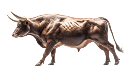 Powerful charging bull showcasing strength and determination, perfect for financial markets or strong leadership themes isolated on white background
