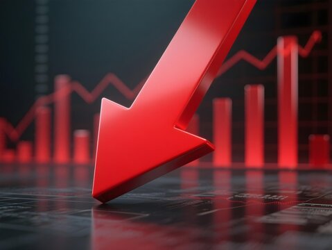 3d render of a red arrow pointing diagonally downwards symbolizing financial loss, fail,  negative trend or decline. The background consist of a blurred glowing red financial bar chart.