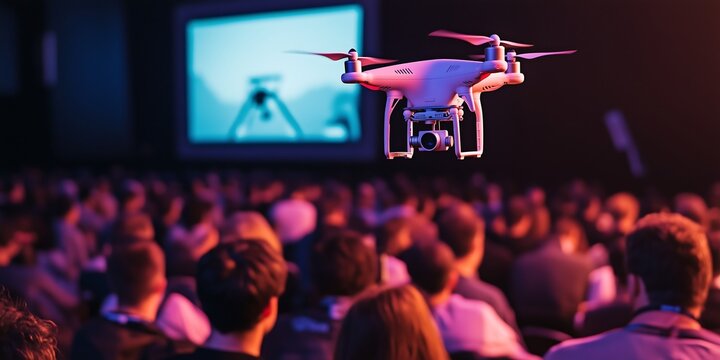 Drone demonstration during a presentation to an audience in a dimly lit room