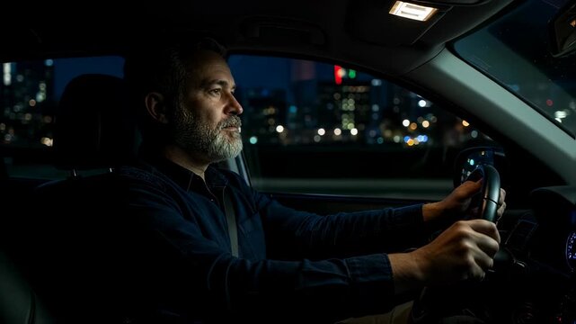 A man driving a car at night through a city with bokeh lights in the background, showing commuting and travel footage.