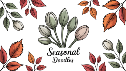 Artistic illustration of tulip buds and autumn leaves on black background