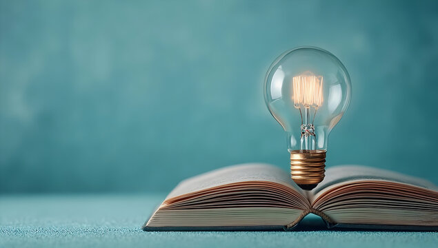 An open book with a light bulb placed on top, symbolizing the fusion of knowledge and innovation, inspiring creativity and new ideas.