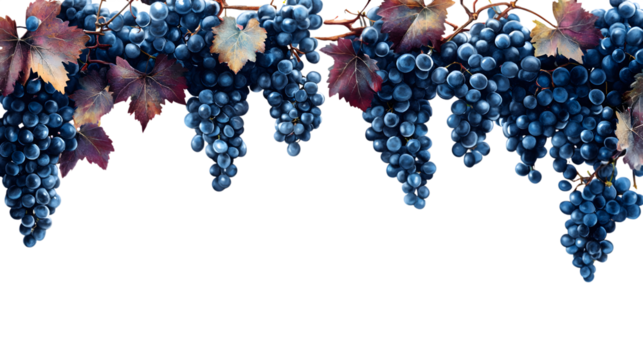 Abundant deep blue grapes with autumnal leaves cascade, perfect for harvest and wine themes isolated on white background