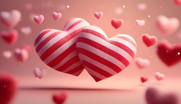 Two striped hearts float among smaller hearts, creating a romantic and festive atmosphere perfect for celebrations of love and affection.