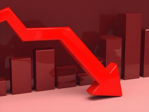 3d render of a red arrow pointing diagonally downwards symbolizing financial loss, fail,  negative trend or decline. The background consist of a blurred glowing red financial bar chart.