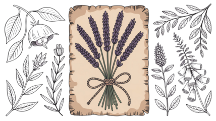 Vintage botanical illustration of lavender bouquet on parchment
