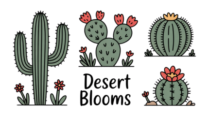 Collection of stylized desert cacti with blooming flowers on black background