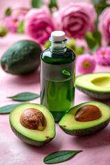 Avocado Essence: A botanical still life featuring ripe avocado halves, a glass bottle filled with avocado oil, and blooming pink roses, exuding a sense of natural beauty and holistic wellness.