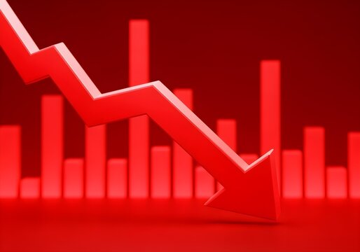 3d render of a red arrow pointing diagonally downwards symbolizing financial loss, fail,  negative trend or decline. The background consist of a blurred glowing red financial bar chart.