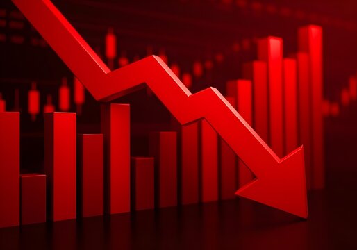 3d render of a red arrow pointing diagonally downwards symbolizing financial loss, fail,  negative trend or decline. The background consist of a blurred glowing red financial bar chart.