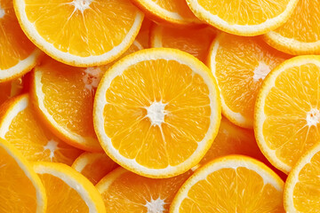 Fototapeta premium Vibrant and fresh orange slices arranged beautifully, showcasing their juicy texture and bright color, perfect for healthy dishes and beverages.