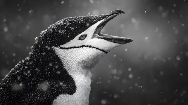Close up black and white chinstrap penguin calling in the snow antarctic wildlife photography portrait - Powered by Adobe