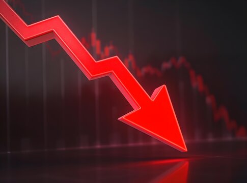 3d render of a red arrow pointing diagonally downwards symbolizing financial loss, fail,  negative trend or decline. The background consist of a blurred glowing red financial bar chart.