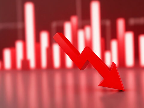 3d render of a red arrow pointing diagonally downwards symbolizing financial loss, fail,  negative trend or decline. The background consist of a blurred glowing red financial bar chart.