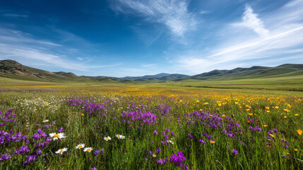 Fototapeta premium A beautiful, sun-drenched spring summer meadow. Natural colorful panoramic landscape with many wild flowers of daisies against blue sky. A frame with soft selective focus.