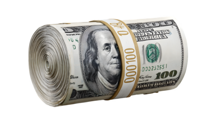 Massive roll of US hundred dollar bills signifies financial success and abundance, ready for investment.