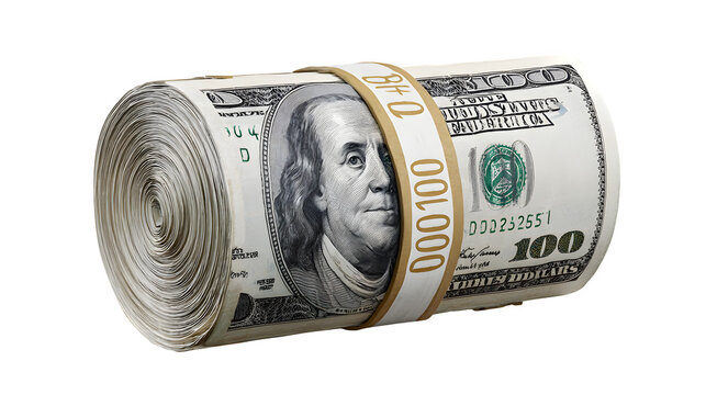 Massive roll of US hundred dollar bills signifies financial success and abundance, ready for investment.