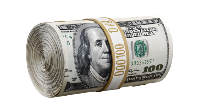 Massive roll of US hundred dollar bills signifies financial success and abundance, ready for investment.