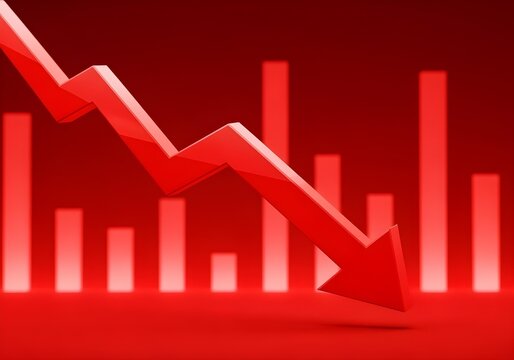 3d render of a red arrow pointing diagonally downwards symbolizing financial loss, fail,  negative trend or decline. The background consist of a blurred glowing red financial bar chart.