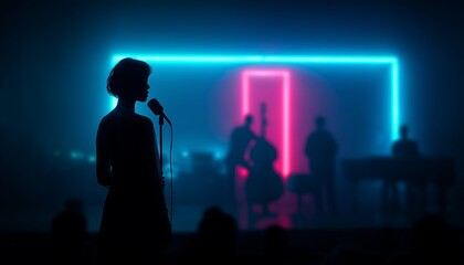 Female singer silhouetted against vibrant neon lights with a jazz band, creating a moody and atmospheric concert scene.