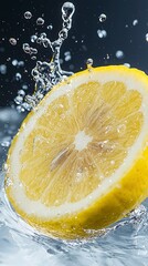 Yuzu slice splashing into water with droplets on a dark background  