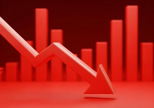 3d render of a red arrow pointing diagonally downwards symbolizing financial loss, fail,  negative trend or decline. The background consist of a blurred glowing red financial bar chart.