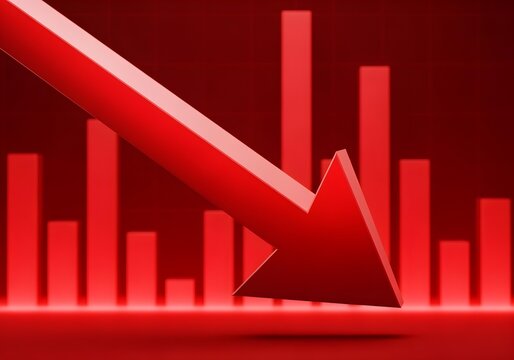 3d render of a red arrow pointing diagonally downwards symbolizing financial loss, fail,  negative trend or decline. The background consist of a blurred glowing red financial bar chart.
