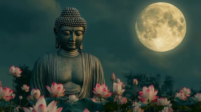 Cinematic Slow-Motion Video of Blooming Lotus Flowers Rising to Serene Buddha Statue Under Full Moon &ndash; Gentle Breeze Petals for Vesak Day, Spiritual Awareness, and Mindfulness Stock Footage