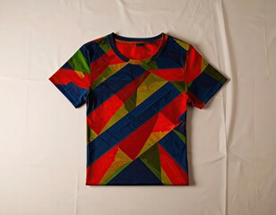 A vibrant short-sleeved t-shirt with a bold geometric pattern of colorful overlapping stripes laid flat on a white background.