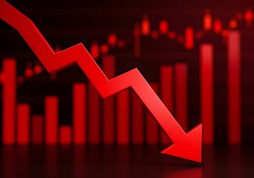 3d render of a red arrow pointing diagonally downwards symbolizing financial loss, fail,  negative trend or decline. The background consist of a blurred glowing red financial bar chart.