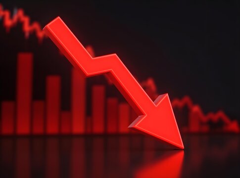 3d render of a red arrow pointing diagonally downwards symbolizing financial loss, fail,  negative trend or decline. The background consist of a blurred glowing red financial bar chart.
