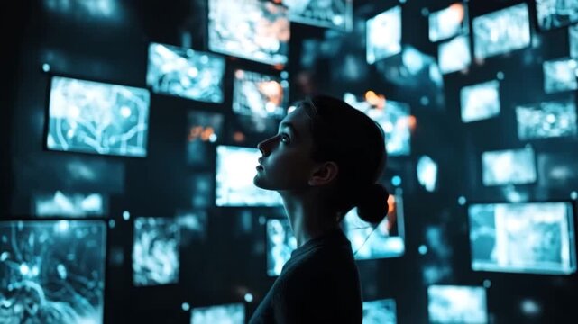 Cinematic Slow-Motion 4K Video of Young Woman in Futuristic Room with Floating Holographic Screens &ndash; Immersive Blue Light Arc Shot for World Technology Day, Innovation, and Digital Future Stock Footag