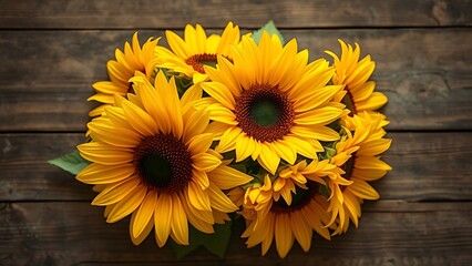 Sunflowers arranged on a rustic wooden surface exude warmth under soft golden lighting.