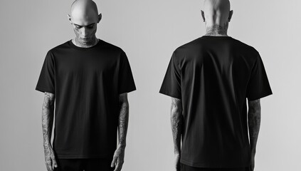 Black blank t-shirt template isolated on a white background, front and back view mockup. Mockup of a black color oversized T-shirt