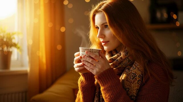 Young caucasian woman holding steaming mug cozy at home, enjoying warm beverage by sunlit window with bokeh string lights, footage.