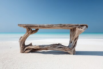 Fototapeta premium Rustic Driftwood Table on Beach with Seascape Backdrop for Outdoor Events/Display