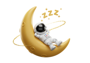 Isolated 3D Render of an Astronaut Sleeping on a Crescent Moon with Zzz and Stars