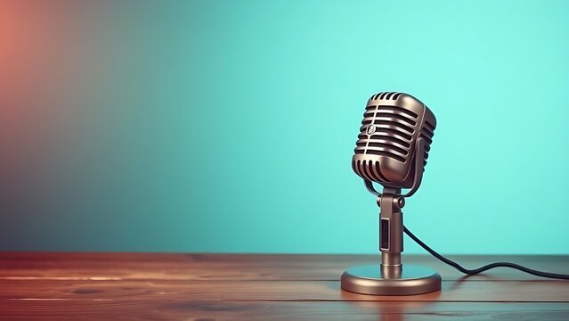 Vintage microphone on wooden table, evoking nostalgia and retro studio aesthetics.
