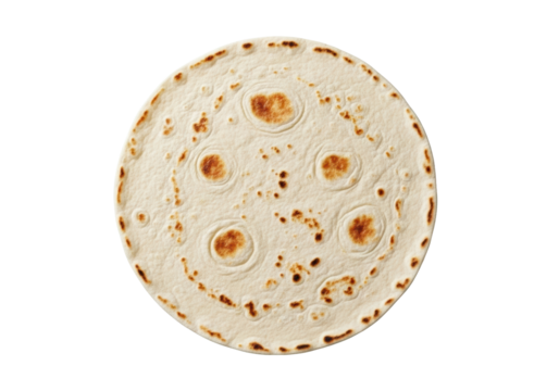Warm, freshly made flour tortilla with subtle golden-brown char marks and fine dusting of flour on a seamless transparent studio background. Appetizing food concept